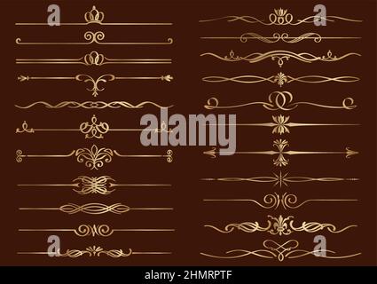 Set of gold vintage borders isolated on a dark background. Vector illustration. Stock Vector