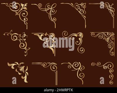 Set Of Gold Vintage Corner  Frames Set Isolated On A Dark Background. Stock Vector