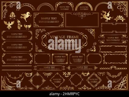 Decorative Vector Gold Frames and Borders Set Isolated On A Dark Background. Stock Vector