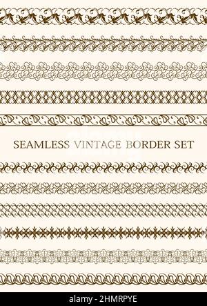 Seamless vintage borders set isolated on a plain background. Vector illustration. Horizontally repeatable. Stock Vector