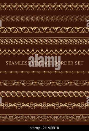 Seamless gold vintage borders set isolated on a dark background. Vector illustration. Horizontally repeatable. Stock Vector