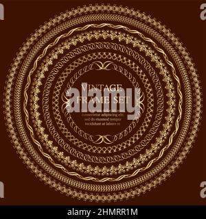Gold Round Vintage Frames Set Isolated On A Dark Background. Vector Illustration. Stock Vector