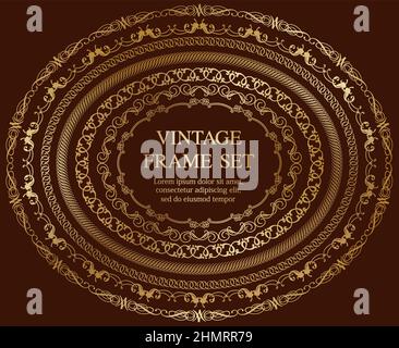 Gold Oval Vintage Frames Set Isolated On A Dark Background. Vector Illustration. Stock Vector