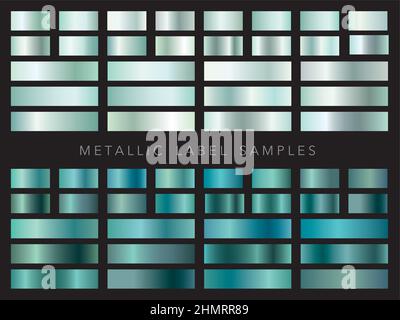 Metallic green label samples and swatches set isolated on a dark background. Vector illustration. Stock Vector
