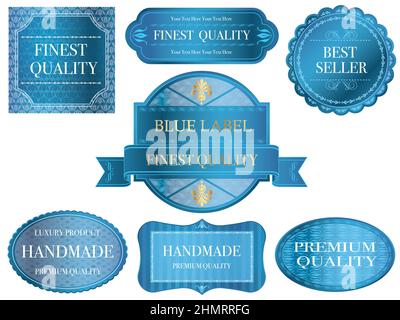 Metallic blue labels with text space set. Vector illustration isolated on a white background. Stock Vector
