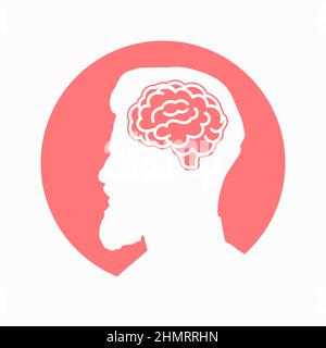 Human brain on men head red icon for apps and websites on white background. Vector clipart illustration. Stock Vector