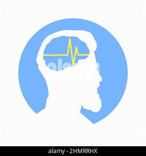Illustration of human brain encephalography medical vector icon on human head isolated on white background. Stroke, epilepsy and Alzheimer s awareness Stock Vector