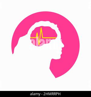 Illustration of woman or girl brain encephalography medical vector icon on human head isolated on white background. Stroke, epilepsy and Alzheimer s a Stock Vector
