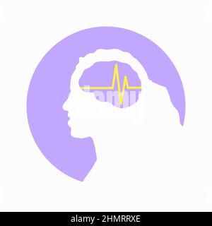 Illustration of woman or girl brain encephalography medical vector icon on human head isolated on white background. Stroke, epilepsy and Alzheimer s a Stock Vector