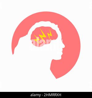 Migraine linear icon. Woman head with lightning bolt. Thunderclap head. Temple pressure, pain. Flu symptom. outline symbol. Vector illustration isolat Stock Vector