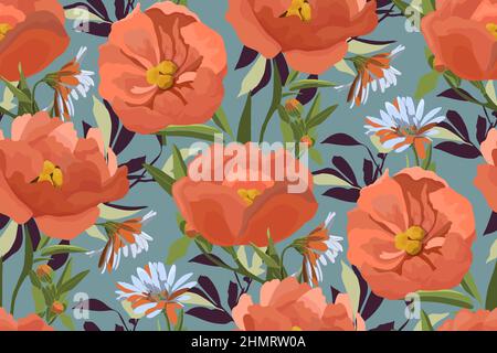 Vector floral seamless pattern. Orange and coral-colored flowers, leaves and herbs. Stock Vector