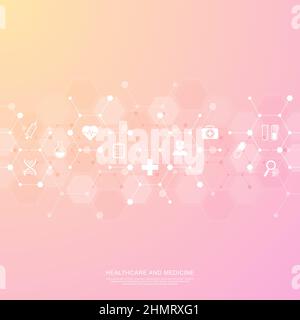 Medical background and healthcare technology with flat icons and symbols. Design template of concept and idea for health care business, innovation Stock Vector