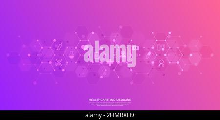 Medical background and healthcare technology with flat icons and symbols. Design template of concept and idea for health care business, innovation Stock Vector