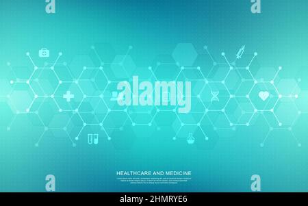 Medical background and healthcare technology with flat icons and symbols. Concept and idea for health care business, innovation medicine, health Stock Vector