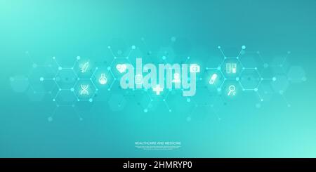 Medical background and healthcare technology with flat icons and symbols. Concept and idea for health care business, innovation medicine, health Stock Vector