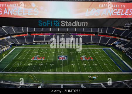 General overall view of the NFL and Super Bowl LVI logos on the