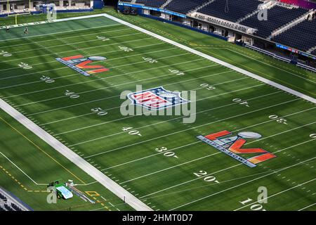 General overall view of the NFL and Super Bowl LVI logos on the