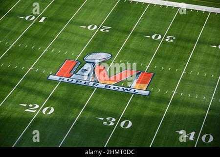 General overall view of the NFL and Super Bowl LVI logos on the