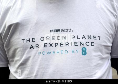 T shirt advertising  a BBC Earth Green Planet augmented reality experience opening in Piccadilly Circus on 11th February, 2022. Stock Photo