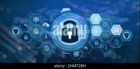 Unlocked lock Internet press to communicate in the Internet. Cyber security concept hand protection network with lock icon and virtual screens Space p Stock Photo