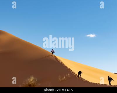 Unrecognizable tourists climbing with difficulty along the crest of a high sand dune, making efforts, holding their shoes. Low angle view from behind. Stock Photo