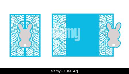 Happy Easter bunny laser cutting invitation card template. Paper cut out silhouette for plotter and silk screen printing. Vector stock illustration. Stock Vector