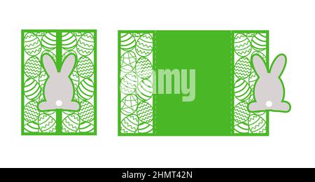 Happy Easter bunny laser cutting invitation card template. Paper cut out silhouette for plotter and silk screen printing. Vector stock illustration. Stock Vector