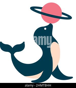 Cute black seal holds red planet Stock Vector