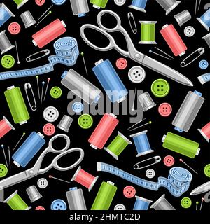 Vector Sewing Seamless Pattern, decorative repeating sew background for wrapping paper, poster with cut out illustrations of many flat lay sewing item Stock Vector
