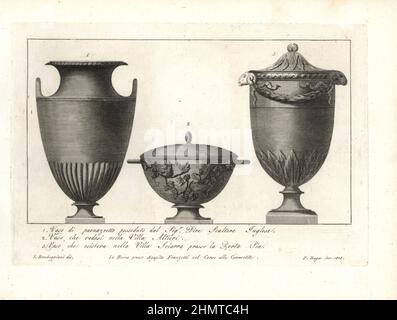 Vase of paonazzetto marble owned by the English sculptor Dire 1, vase from the Villa Altieri, 2, and vase from the Villa Sciarra at the Porta Pia 3. Copperplate engraving by Pietro Ruga after an illustration by Lorenzo Rocceggiani from his own 100 Plates of Costumes Religious, Civil and Military of the Ancient Egyptians, Etruscans, Greeks and Romans, Franzetti, Rome, 1802. Stock Photo