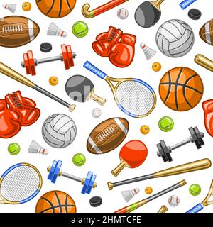 Vector Sports Seamless Pattern, square repeating background with cut out illustrations of various summer sport gear, red leather boxing gloves, tennis Stock Vector