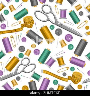 Vector Sewing Seamless Pattern, decorative repeating sew background for wrapping paper, poster with cut out illustrations of many flat lay sewing item Stock Vector