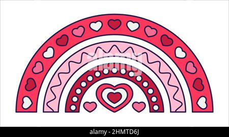 Retro Valentine Day set of icons. Love symbols in the fashionable pop line art style. The figure of heart, rainbow, lock, balloon in soft pink, red an Stock Vector