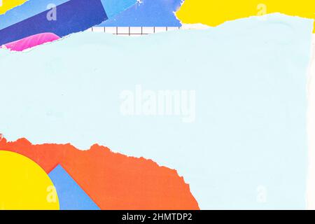 Old grunge ripped torn collage posters creased crumpled paper placard texture background with red, yellow, white, blue colors Stock Photo