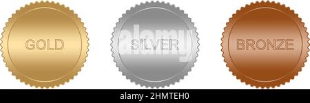 Gold medal, Silver medal and Bronze medal Award vector set on white isolated back. Vector Illustration with smooth gradients and color names. Stock Vector