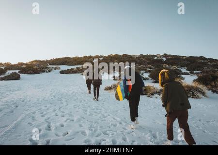 Group of friends in the snow walking through the snow Stock Photo
