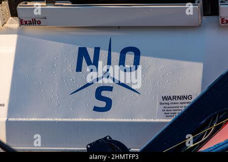 Gothenburg, Sweden - november 21 2021: Logo of Northern Offshore Services on a ship. Stock Photo