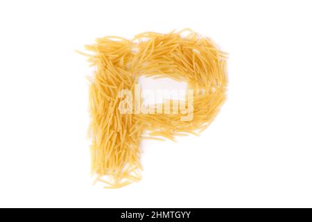 letter p made from raw chopped noodles isolated on white background. High quality photo Stock Photo