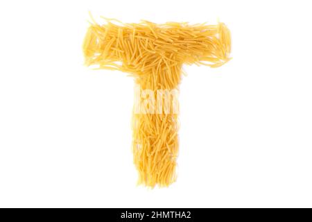 letter t made from raw chopped noodles isolated on white background. High quality photo Stock Photo