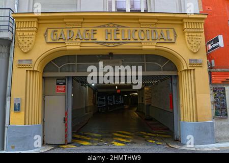 GRENOBLE, FRANCE, February 3, 2022 : The helical garage, hidden at the back of a building on the Art Deco facade, this condominium of car garages was Stock Photo
