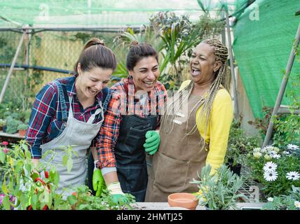 Happy multiracial gardeners having fun working in plants and flowers garden shop Stock Photo
