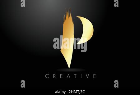 Golden P Brush Letter Logo with Gold Foil Texture Look. Artistic P Elegant Golden Style Logo Vector with Serif Font and Minimalist Brush Stroke Vector Stock Vector