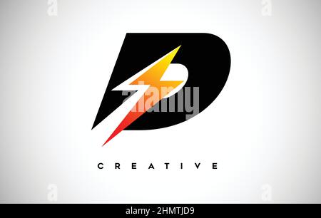 Letter D Thunderbolt Logo Concept with Black Letter and Orange Yellow Thunder. A Lighting bolt thunder bolt Lighting Strike Creative Letter Vector. Stock Vector