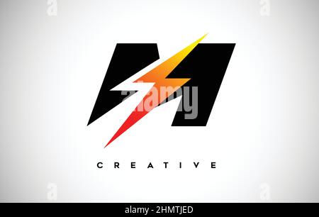 Letter M Thunderbolt Logo Concept with Black Letter and Orange Yellow Thunder. M Lighting bolt thunder bolt Lighting Strike Creative Letter Vector. Stock Vector