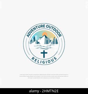 Vintage Mountain Logo with Christian Cross for Religious Church or Chapel,symbols,icons Stock Vector