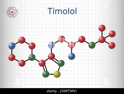 Timolol, molecule. It is non-selective beta blocker medication for treatment of elevated intraocular pressure in ocular hypertension or glaucoma. Mole Stock Vector