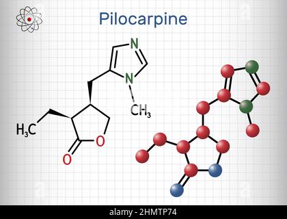 Pilocarpine molecule. It is natural alkaloid, used on the eye to treat elevated intraocular pressure, glaucoma. Structural chemical formula, molecule Stock Vector
