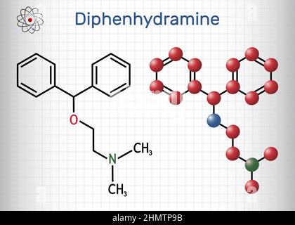 Diphenhydramine, molecule. It is H1 receptor antihistamine used in the treatment of seasonal allergies. Structural chemical formula and molecule model Stock Vector