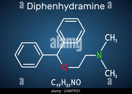 Diphenhydramine, molecule. It is H1 receptor antihistamine used in the treatment of seasonal allergies. Structural chemical formula on the dark blue b Stock Vector