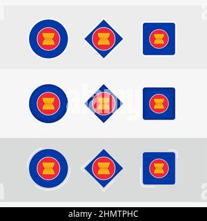 ASEAN flag icons set, vector flag of ASEAN. Three versions of icon. Stock Vector